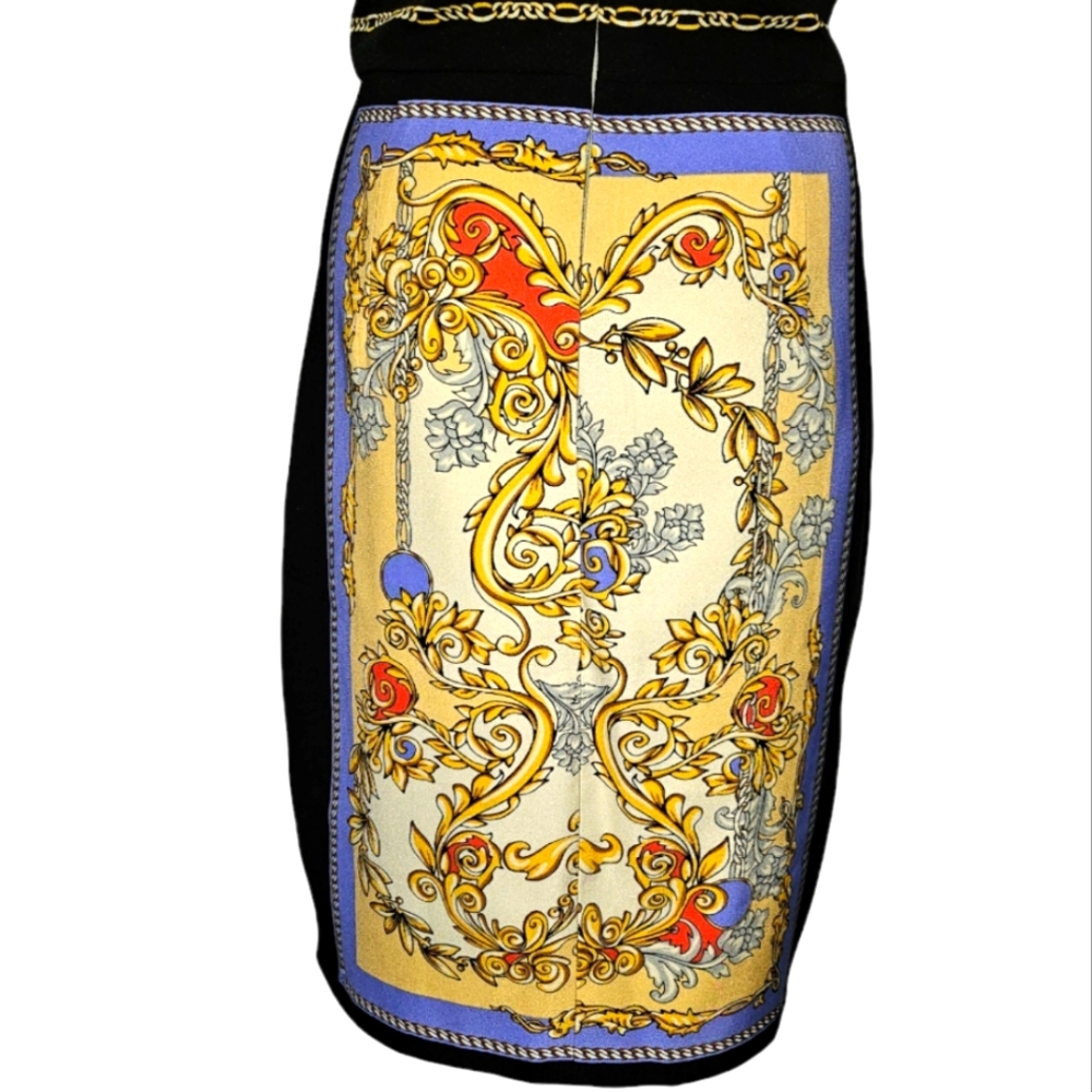 Maggy London Baroque Scarf Print Illusion Sheath Dress – Ornate Gold & Blue Sz10 - Picture 7 of 9